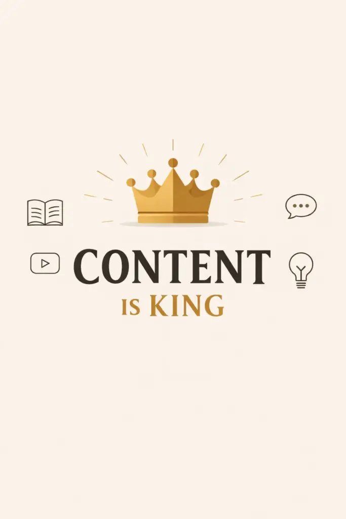 Ilustración minimalista con una corona dorada sobre el texto “Content is King”, que representa la importancia del contenido audiovisual licenciado en soluciones de entretenimiento y comunicación pública.