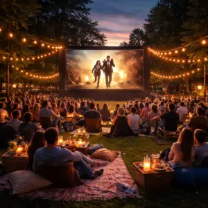 Licenciamiento Exhibición de cine al aire libre con pantalla gigante y público reunido en un espacio abierto, representando una proyección audiovisual legal en entorno non-theatrical.