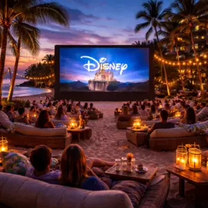 Licenciamiento Exhibición cinematográfica en la playa con público sentado frente a una pantalla que muestra el logotipo de Disney, representando una proyección audiovisual en un entorno hotelero non-theatrical.