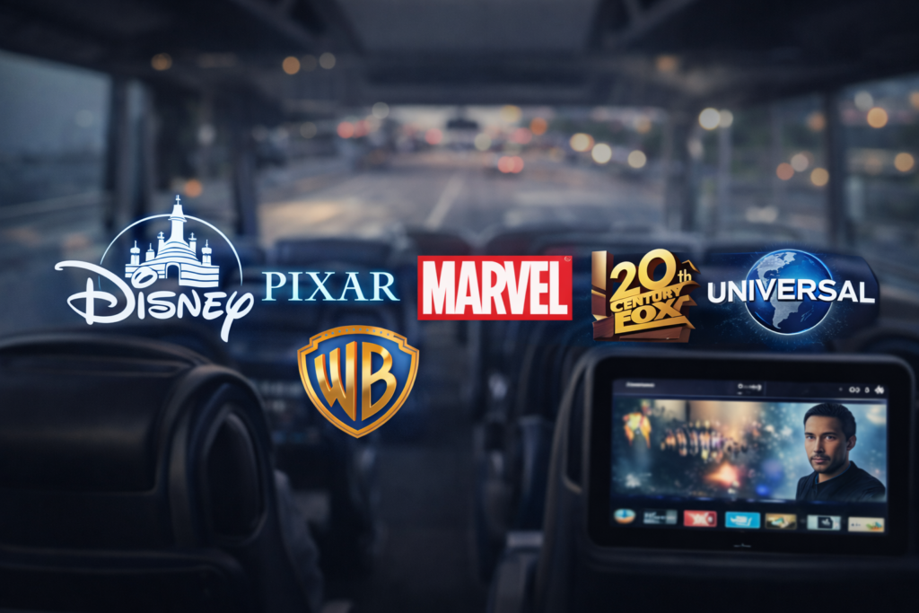 Licenciamiento oficial de contenido cinematográfico de estudios major para autobuses, gestionado por Moviebus, con exhibición legal de películas en sistemas de entretenimiento a bordo