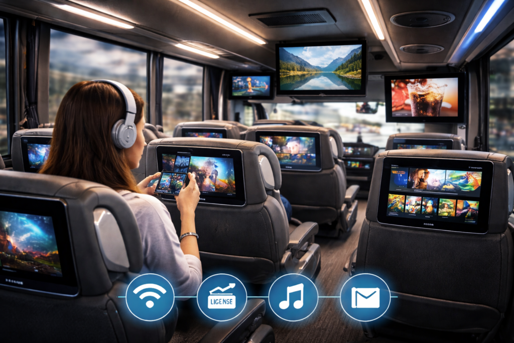 Sistema de entretenimiento a bordo Newtimes en autobús de pasajeros con pantallas individuales seatback, video on demand, streaming a dispositivos personales e internet WiFi durante el viaje.