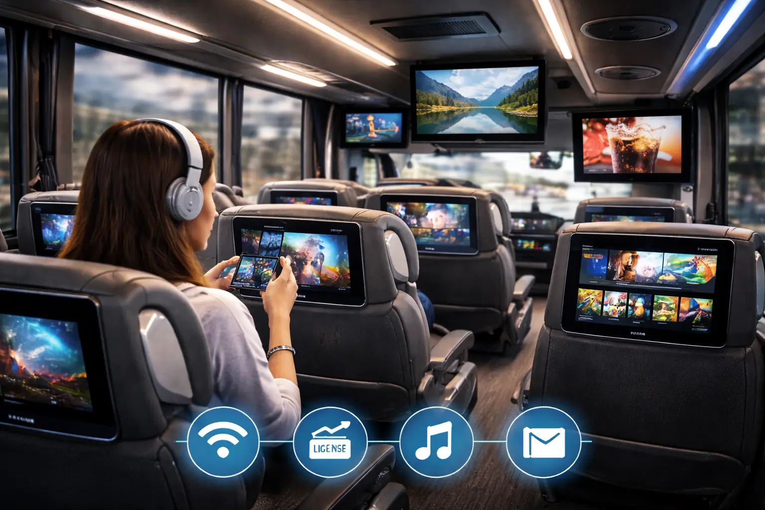 Audio y Video Sistema de entretenimiento a bordo Newtimes en autobús de pasajeros con pantallas individuales seatback, video on demand, streaming a dispositivos personales e internet WiFi durante el viaje.