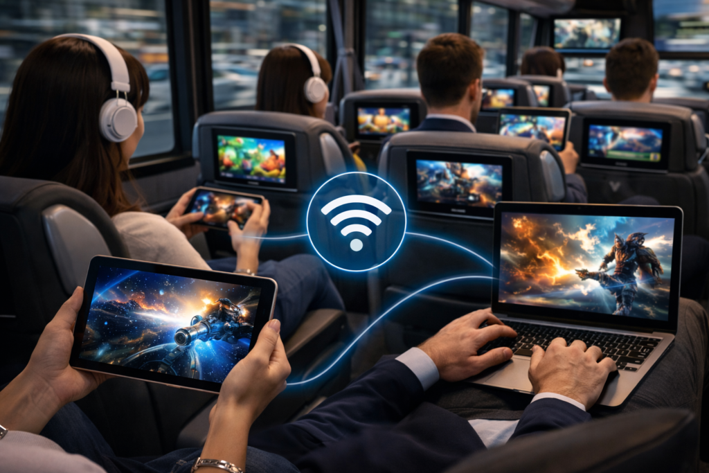 Streaming a dispositivos personales en autobús de pasajeros mediante conectividad WiFi a bordo, con múltiples usuarios consumiendo contenido digital en smartphones, tablets y laptops.