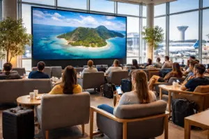 Licenciamiento sala espera aeropuerto pantallas ambientales entretenimiento