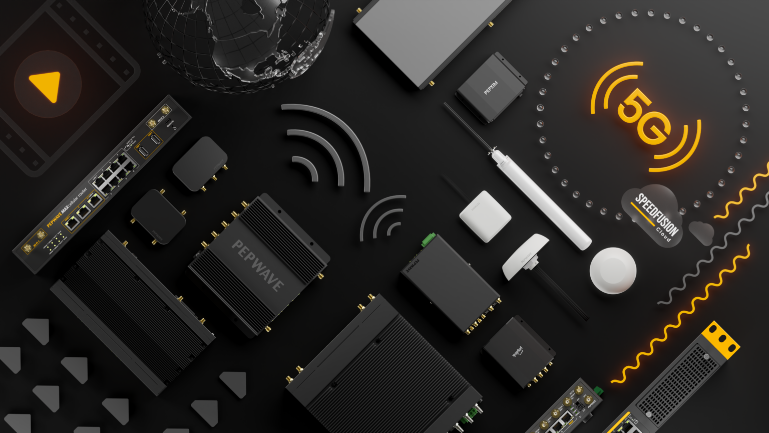 Equipos Peplink para conectividad avanzada con tecnología SD-WAN, 5G, SpeedFusion, Bandwidth Bonding y Hot Failover en entornos de transporte y movilidad.